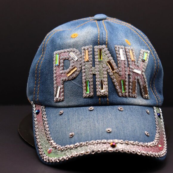 PINK Rhinestone Embellished Denim Cap - Picture 1 of 3
